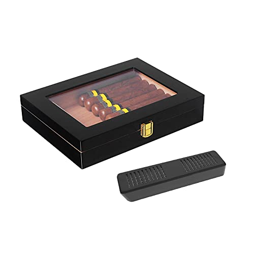 Humidor de Puros, con pintura de piano de alto brillo, cubierta de vidrio, madera de cedro español maciza 100% pulida a mano, humidificador e higrómetro de metal de precisión duradero