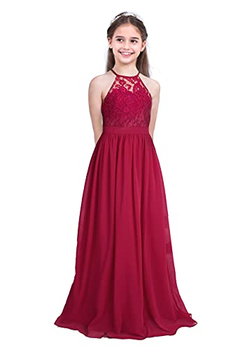 IEFIEL Vestido Largo de Fiesta para Niña Vestido Elegante de Dama de Honor de Boda Vestido Princesa Cuello Halter de Cumpleaños Ceremonia Gala Vino A 14 años