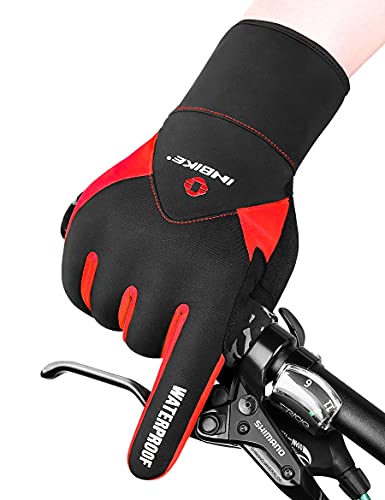 INBIKE Guantes Ciclismo Invierno para Hombre, Guantes De Pantalla Táctil con Dedos Completos Cortavientos E Impermeable(Rojo,L)