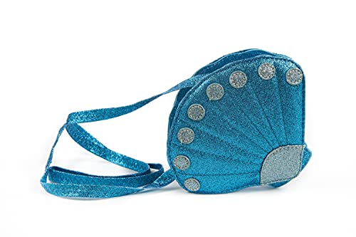 Inca. Bolso niña con forma de CONCHA de color azul intenso de purpurina brillante. Bolsos niñas estilo bandolera cruzado con asa larga. Regalo niña original