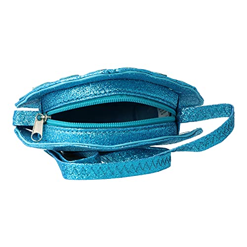 Inca. Bolso niña con forma de CONCHA de color azul intenso de purpurina brillante. Bolsos niñas estilo bandolera cruzado con asa larga. Regalo niña original