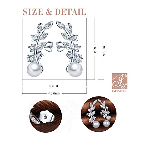 Infinito U- Pendientes Trepadores de Plata 925 Forma de Hoja Brillante con 6 mm Perla Studs para Mujeres Chicas