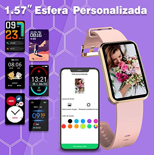 IOWODO R5 Reloj Inteligente Mujer,Pulsera de Actividad con Oxígeno en Sangre (SpO2),1.57'' Smartwatch Impermeable IP68 con Monitor de Frecuencia Cardíaca,Sueño Podómetro y Calorías para Andriod y iOS