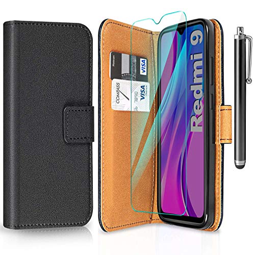 ivencase Funda Compatible con Xiaomi Redmi 9 y Protector de Pantalla y Pen, Libro Caso Cubierta la Tapa magnética Protector de Billetera Cuero de la PU Carcasa - Negro