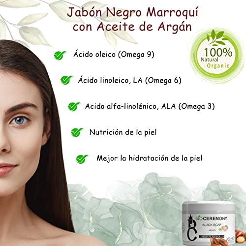 Jabón Negro Marroquí Africano con Argán Bio 100%, exfoliante vegano Puro Natural Exfoliación e Hidratación Corporal, Natural Beldi - vitamina E, 200 G