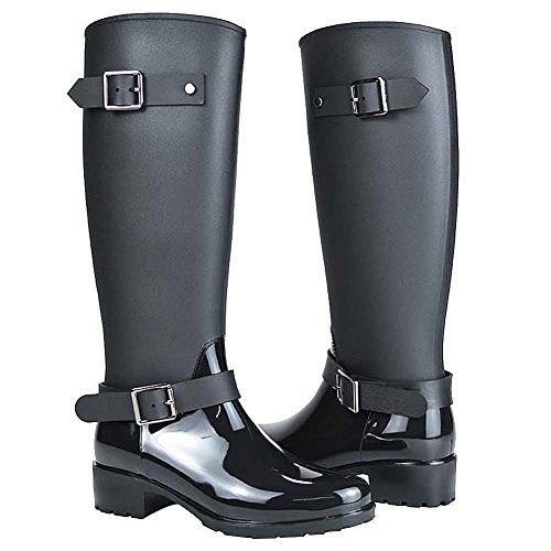 Jamron Mujer Elegante Nieve Lluvia Festival Wellies Altos Ajustable Correa de Hebilla Rodilla Alta Cremallera Botas Wellington Negro SN02006 EU39.5