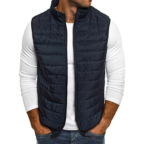 JELLYB Chaleco Hombre Ajustado Moda Empalme Con Capucha Sin Mangas Hombre Acolchado Chaleco Primavera Otoño Engrosamiento Cardigan Aire Libre Diario Cálido Hombre Abajo Chaleco Y-Navy L