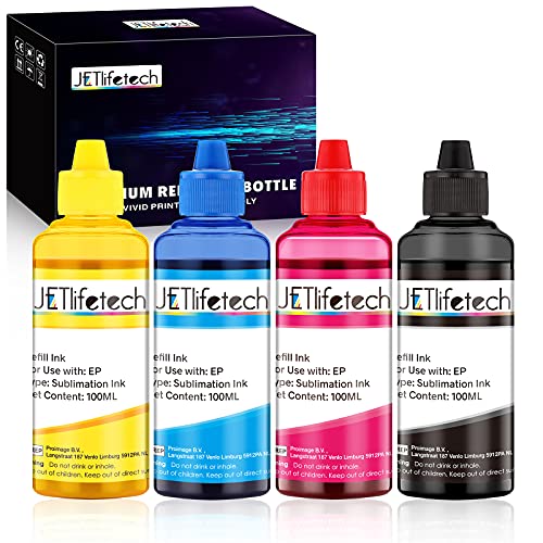 JETlifetech Tinta de sublimación para Epson Impresora WF7720 WF7710 WF7610 WF7010 WF7110 WF7210 C88+ C88, 100ml / Botella, Transferencia por prensa de calor en tazas, almohadas, platos, etc.