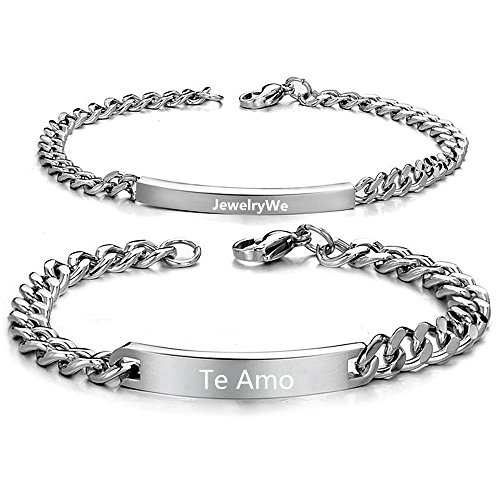 JewelryWe DIY Pulseras Parejas Acero Inoxidable, Simple Pulido Pulsera Brazalete de Amor, Plateado(Un par) Grabado Personalizado