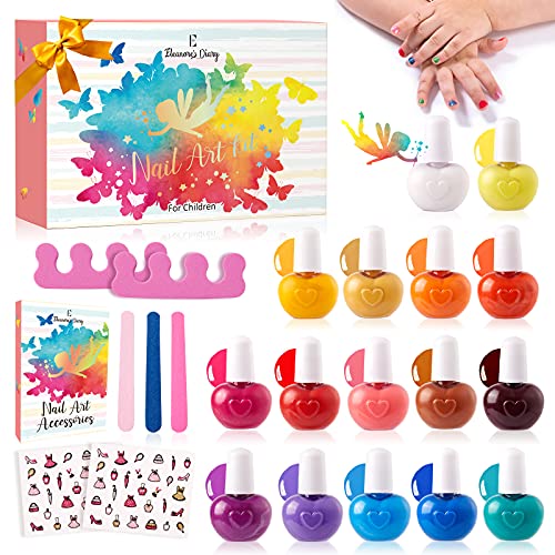 Juego de esmaltes de uñas para niñas, Eleanore's Diary 16PCS Esmalte de uñas desgarrable, Kit de Manicura no tóxico con Limas de uñas, Separador, Pegatinas de uñas, Regalo para niñas Mayores de 3 años