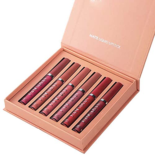 Juego de lápiz labial mate 6 colores Terciopelo sin palanca de brillo de labios con caja de regalo, juego de regalo de labio impermeable a prueba de agua para mujeres niñas