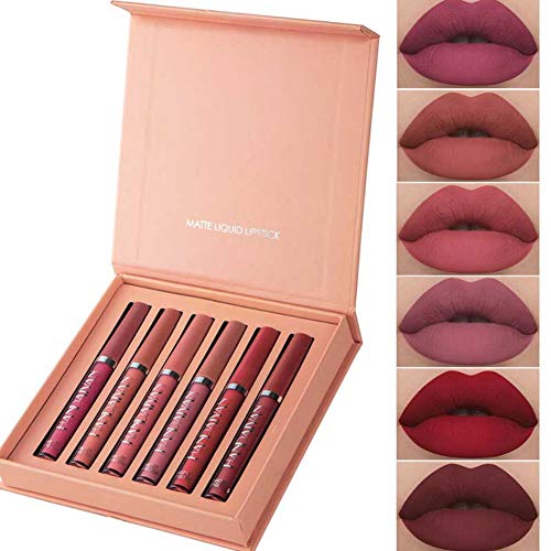 Juego de lápiz labial mate 6 colores Terciopelo sin palanca de brillo de labios con caja de regalo, juego de regalo de labio impermeable a prueba de agua para mujeres niñas