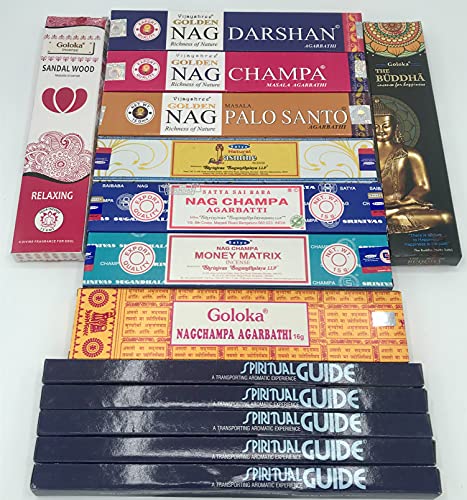 Juego de varillas de incienso Satya, Padmini,Goloka,Vijayshree Golden Nag,10 fragancias,14 paquetes,perfecto para yoga, meditación, aromaterapia, purificación, armonización, relajación, introducción