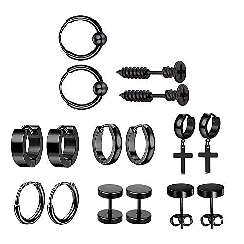 JZZJ 8 Pack Mujer Niña Hombre Aro Pequeño Pendientes in Plata Antialergicos Acero Inoxidable Piercing Negro-Tone Plata-（Negro）