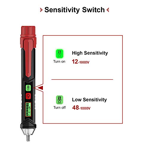 KAIWEETS HT100 Detector de Voltaje sin Contacto, NCV Detector de Tensión para Identificar Fase y Neutro, LCD Buscapolos con Doble Rango 12V-1000V/48V-1000V, Localizar Punto de Rotura, Alarma, Linterna