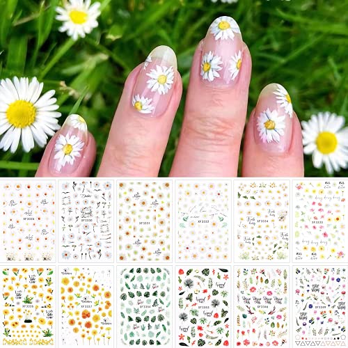 Kalolary Autoadhesivo Uñas Calcomanías, 12 Hojas de Flores Girasol Nail Art Stickers de Arte de Uñas Pegatinas Autoadhesivas de Uñas Accesorios para Elegante Decoracion