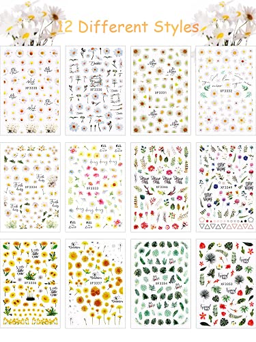 Kalolary Autoadhesivo Uñas Calcomanías, 12 Hojas de Flores Girasol Nail Art Stickers de Arte de Uñas Pegatinas Autoadhesivas de Uñas Accesorios para Elegante Decoracion