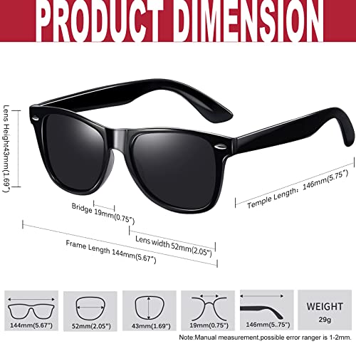 KANASTAL Gafas de Sol Negras Polarizadas Hombre y Mujer Black Sunglasses Cuadradas Clásicas Retro con 100% Protección UV400 para Conducir Pesca Golf al Aire Libre Viajes(Negro Mate)