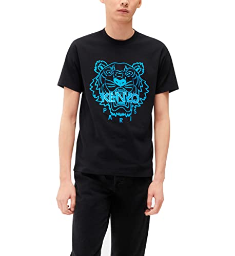 Kenzo Camiseta Tiger para hombre, color negro, tigre azul, 100% algodón, talla ajustada, Negro , L corto