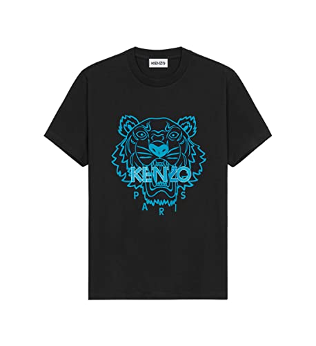 Kenzo Camiseta Tiger para hombre, color negro, tigre azul, 100% algodón, talla ajustada, Negro , L corto