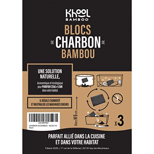 KHOOL BAMBOO | Bloques Finos de Carbón de Bambú | Purificador de agua natural y ambientador | Juego de 3 bloques de carbón de bambú