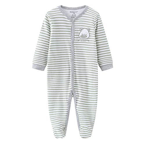 Kiddiezoom Mamelucos de algodón con pies de ajuste cómodo pijama de manga larga Onsises Sleepsuit, Oso gris y estrella y oso a rayas, 9 mes