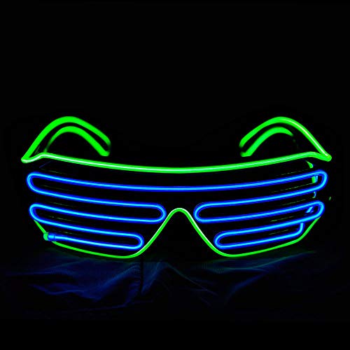 KingCorey Glow Shutter Neon Rave Glasses El Wire Flashing Gafas de Sol LED Light Up Disfraces de DJ para Fiesta, 80, EDM (Verde Claro+Azul)