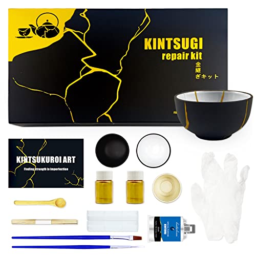 Kintsugi - Kit de reparación para reparar tu cerámica con pegamento en polvo dorado, creación de obras de arte únicas, kit de cerámica Kintsugi, perfecto para principiantes, con dos tazas de práctica