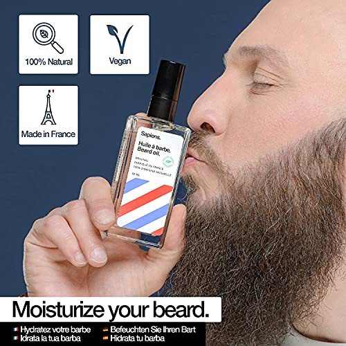 Kit barba hombre Sapiens Barbershop - Aceite barba 100% Natural, Navaja afeitar barbero + 10 Cuchillas Derby, Cepillo barba, Peine barba, Plantilla barba, Bolsa de tela - Set barba cuidado y afeitado
