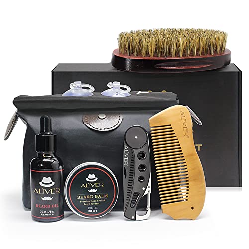 Kit de preparación de barba, 6 piezas con aceite orgánico para barba, babero, brocha, peines, bálsamo para barba para el crecimiento de estilo de barba con bolsa de almacenamiento de gran capacidad