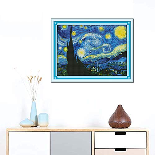Kit de punto de cruz estampado, OWN4B The Starry Night of Van Gogh patrón impreso 11CT 58,9 x 45 cm Kit de bordado de bricolaje (noche)