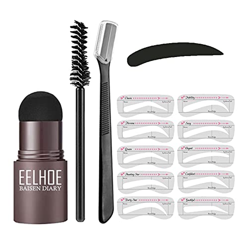 Kit Lapiz Cejas, Impermeable Lápiz de Cejas con 10 Estilos Plantilla Cejas 1 Ceja Cepillo y 1 Recortador de Cejas, Lápiz de Tatuaje Para Cejas, Reutilizable Eyebrow Pencil, Aspecto Natural (Dark Grey)