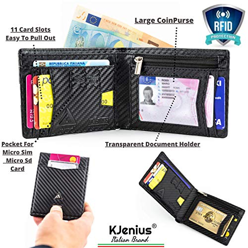 KJENIUS® Giotto Carteras para Hombre Slim con Monedero de Piel Negra en Fibra de Carbono, Billetera Hombre Bloqueo Protección RFID, 10 Tarjetas de Crédito, Bolsillo para Billetes, Caja Regalo