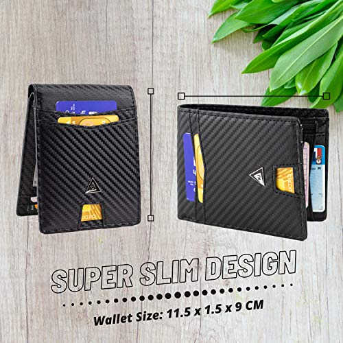 KJENIUS® Giotto Carteras para Hombre Slim con Monedero de Piel Negra en Fibra de Carbono, Billetera Hombre Bloqueo Protección RFID, 10 Tarjetas de Crédito, Bolsillo para Billetes, Caja Regalo