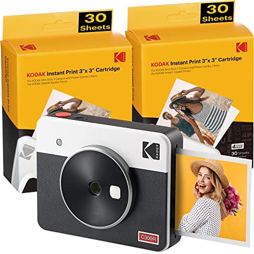 Kodak C300R Mini Shot 3, Cámara Instantánea De Fotos con Impresora + 68 Fotos, Bluetooth, Formato Cuadrado 76X76 Mm, Compatible con iPhone y Android, Tecnología 4Pass - Blanco