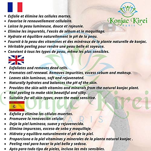 Konjac Kirei Paris - Esponja konjac limpiador facial exfoliante,para el cuidado facial de maquillaje, punto negro, 100% natural, para hombre y mujer, marca francesa (Arcilla verde francesa)