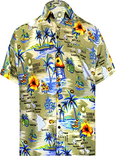 LA LEELA Casual Hawaiana Camisa para Hombre Señores Manga Corta Bolsillo Delantero Surf Palmeras Caballeros Playa 3XL-(in cms):152-162 Beige_W192