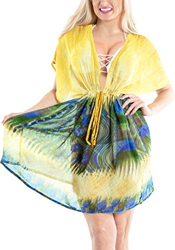 LA LEELA Chiffon Mujeres Impreso Túnica Pareo Camisolas Beach Bikini Cover Up Swimsuit Vestido Corto Ropa de Playa Verano Traje de Baño Cubrir Boho Poncho Vintage Amarillo_Y671