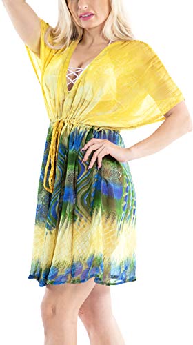 LA LEELA Chiffon Mujeres Impreso Túnica Pareo Camisolas Beach Bikini Cover Up Swimsuit Vestido Corto Ropa de Playa Verano Traje de Baño Cubrir Boho Poncho Vintage Amarillo_Y671