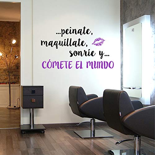 La Tienda de las Pegatinas® Vinilo Peluquería Cómete el Mundo, Estética, Peluquera, Esteticién, Sticker, Pegatina de pared, Decoración Peluquería. (Mediano 118 x 68 cm, Negro - Violeta)