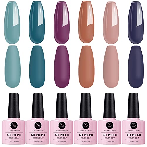 Lagunamoon Juego de 6 esmaltes de uñas en gel Vintage 70's Colors, Soak Off Gel Polish Nude/Blue/Purple 6pcs Starter Kit Set de regalo, kit de uñas de gel fácil de usar para manicura DIY