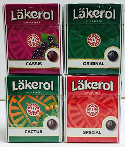 Lakerol Pastillas sin Azúcar Variedad de 25 g 4 Paquetes – Cactus Regaliz, Cassis Grosella Negra, Regaliz de Mentol Original de Hierbas y Regaliz Especial de Mentol