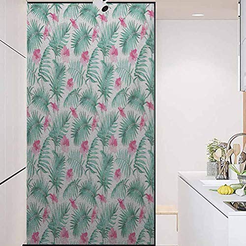 Lámina adhesiva 3D para ventana, autoadhesiva, diseño de helechos tropicales con flores exóticas Hawaii Floral Arran, película de tintado para ventana de hogar, control de calor, 45 x 89 cm