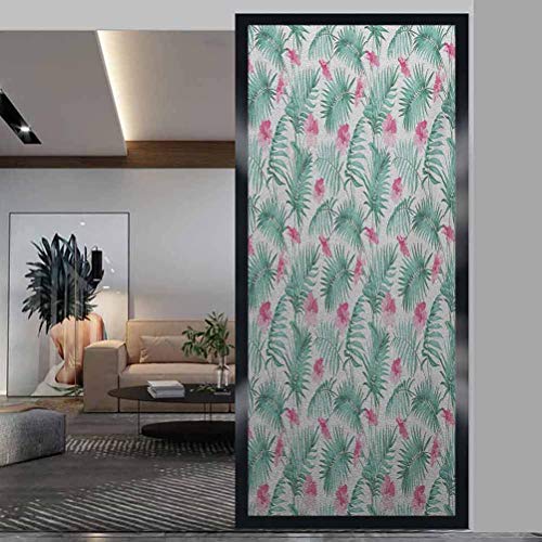 Lámina adhesiva 3D para ventana, autoadhesiva, diseño de helechos tropicales con flores exóticas Hawaii Floral Arran, película de tintado para ventana de hogar, control de calor, 45 x 89 cm