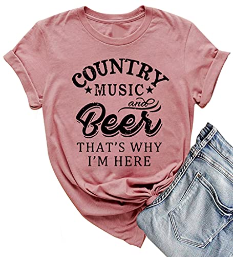 LANMERTREE Country Music and Beer That's Why I'm Here - Camiseta de manga corta para mujer, Rosa/Rebel Fun., XX-Large