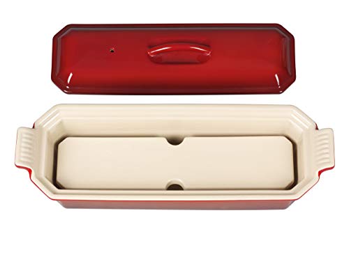 Le Creuset Terrina Rectangular, con Prensa integrada, Cerámica de gres, Rojo (Cereza), 28 cm