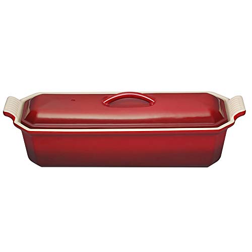 Le Creuset Terrina Rectangular, con Prensa integrada, Cerámica de gres, Rojo (Cereza), 28 cm