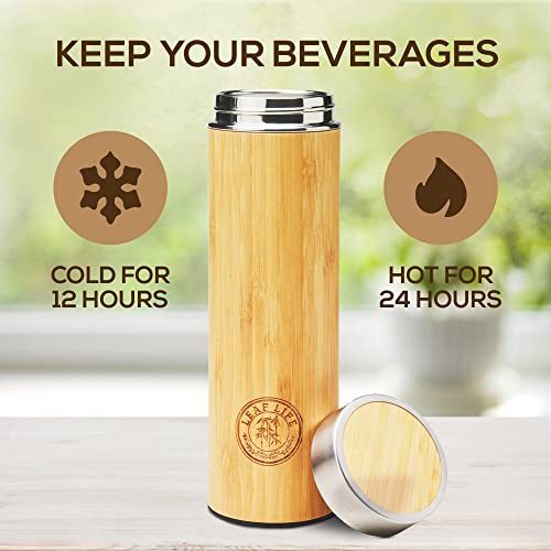 LeafLife Botella Térmica de Bambú con Colador e Infusor de Té 500 ml - Mantiene el Calor y el Frío Durante 12 Horas - Botella de Acero Inoxidable con Aislante al Vacío - Termo Café y Té en Hojas