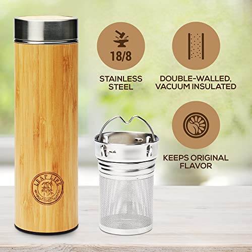 LeafLife Botella Térmica de Bambú con Colador e Infusor de Té 500 ml - Mantiene el Calor y el Frío Durante 12 Horas - Botella de Acero Inoxidable con Aislante al Vacío - Termo Café y Té en Hojas