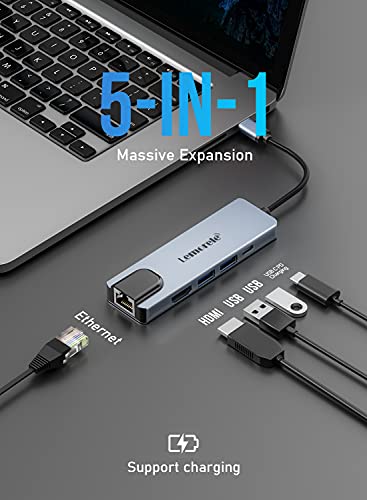 Lemorele Hub USB C con Ethernet - 5 en 1, Aluminio Espacial Adaptador USB C Hub con HDMI 4K, 2 USB 3.0, Carga Súper Rápida de 100W, Compatible MacBook Air/Pro M1, iPad M1, Chromecast, Switch, Windows